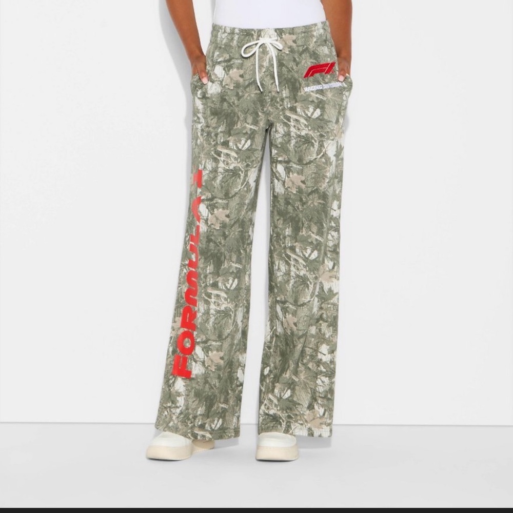 Hybrid Apparel Camouflage Wide Leg Pants with Red Accents